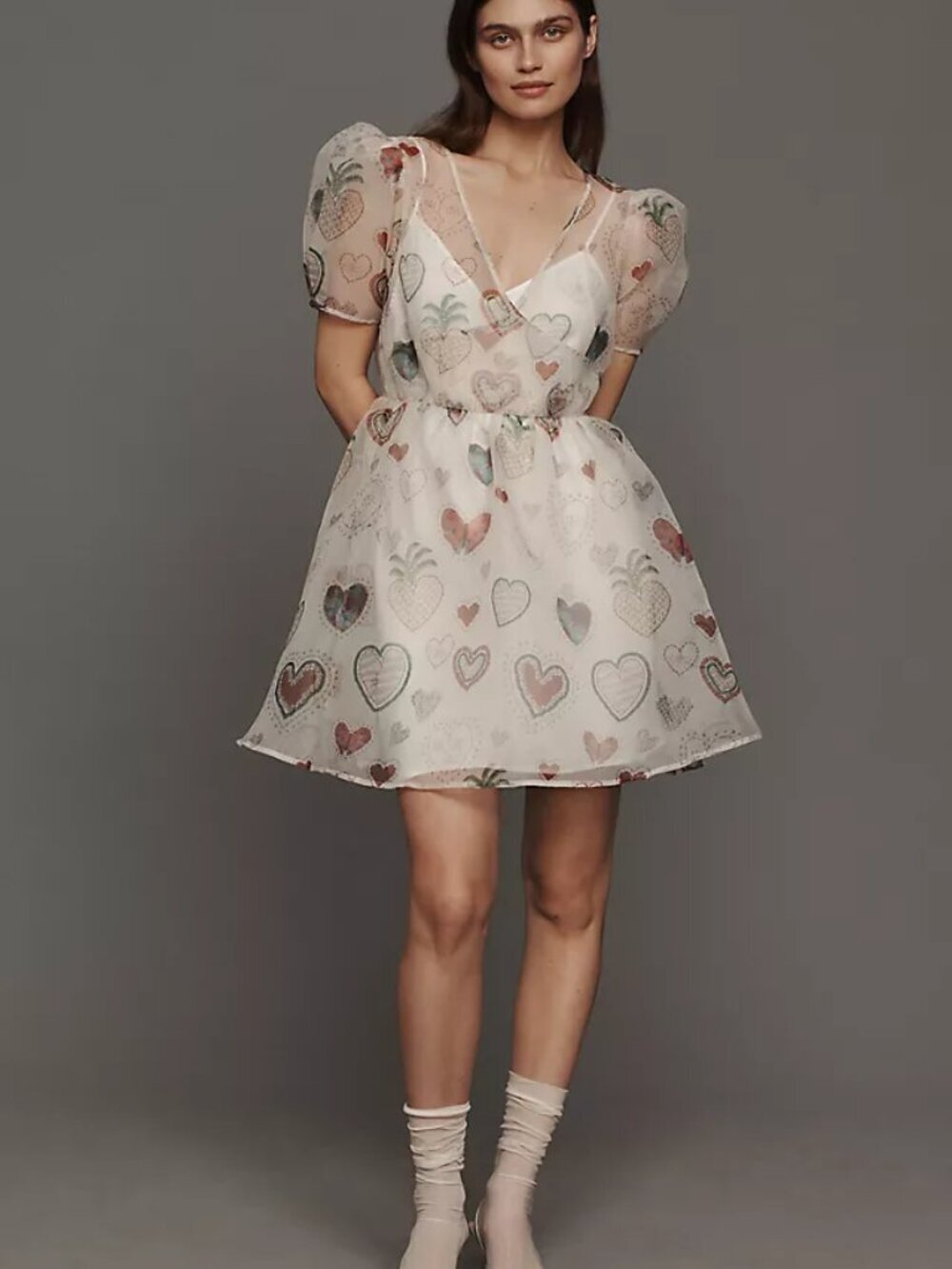 Farm Rio Anthropologie sheer organza dress heart white puffed sleeve shift XS